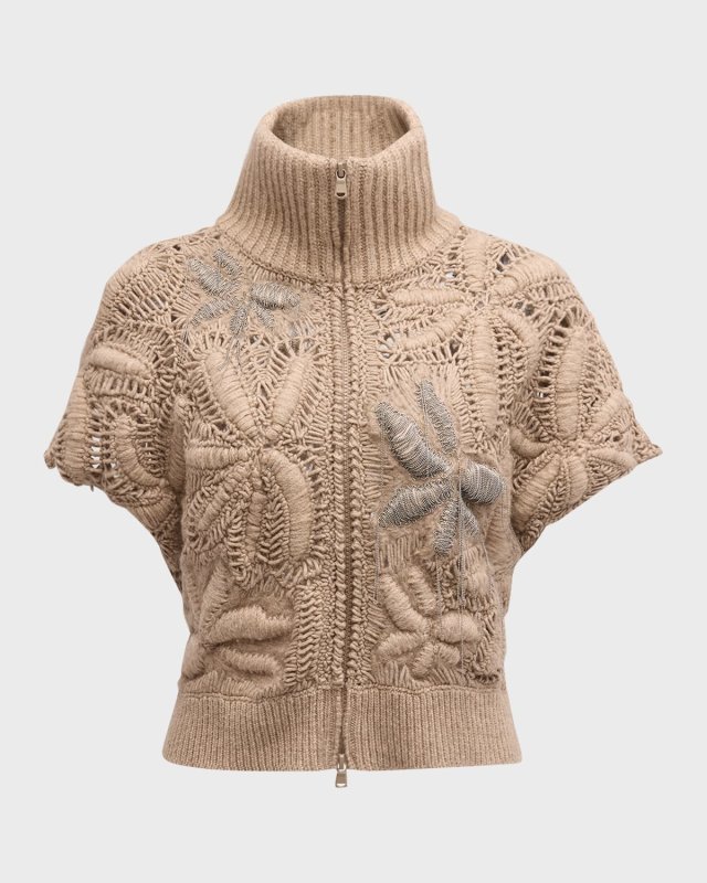 Cashmere Zip-Up Cardigan with Monili Detail
